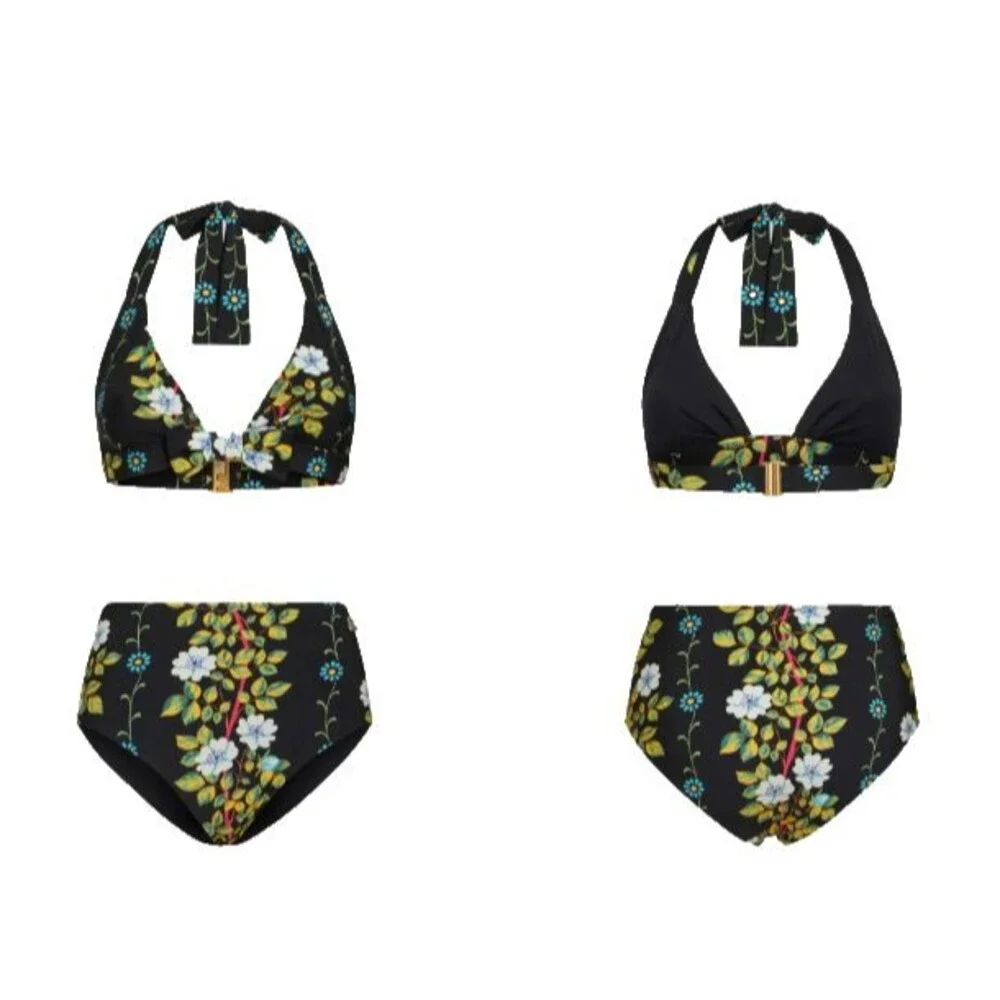 ETRO Milano BlackFloral Halter Neck High Waist Bikini Set NEW MSRP $850 Sz S/2-4